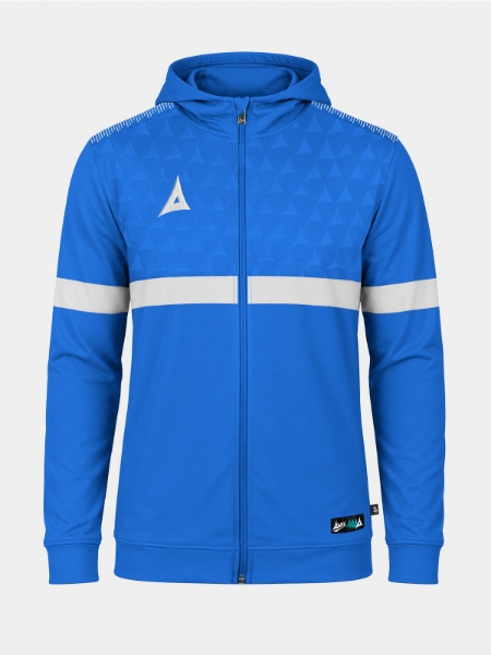 	Front view of the Royal Blue Evolve Pro FZ Poly Hoodie, featuring the contrast debossed Heritage 'A' detail and comfortable hood construction.