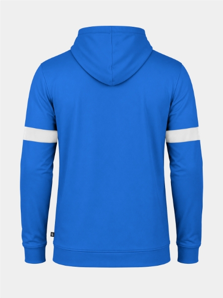 	Back perspective of the Royal Blue hoody, illustrating the flexible Polyester-Elastane blend and elite club aesthetic.