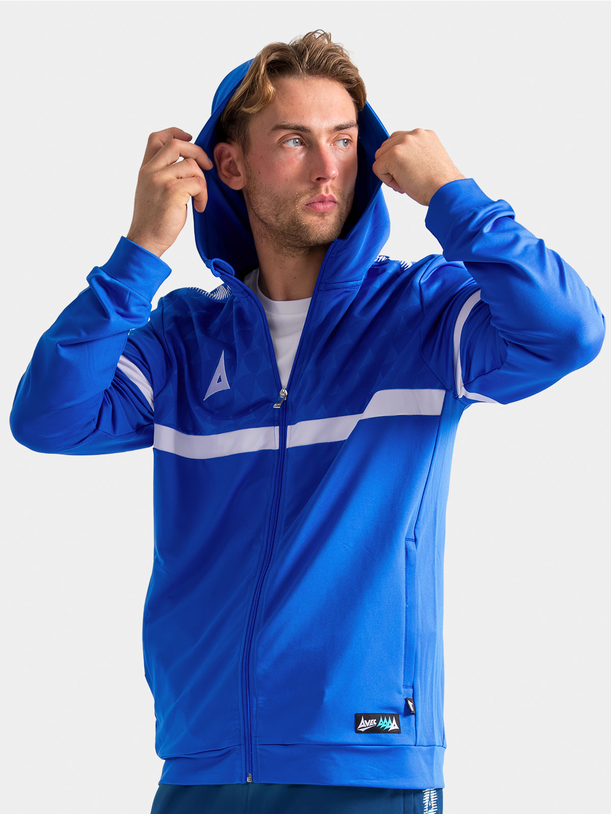 	professional athlete wearing the royal blue evolve pro fz hoody, highlighting the vibrant colourway and performance tailoring