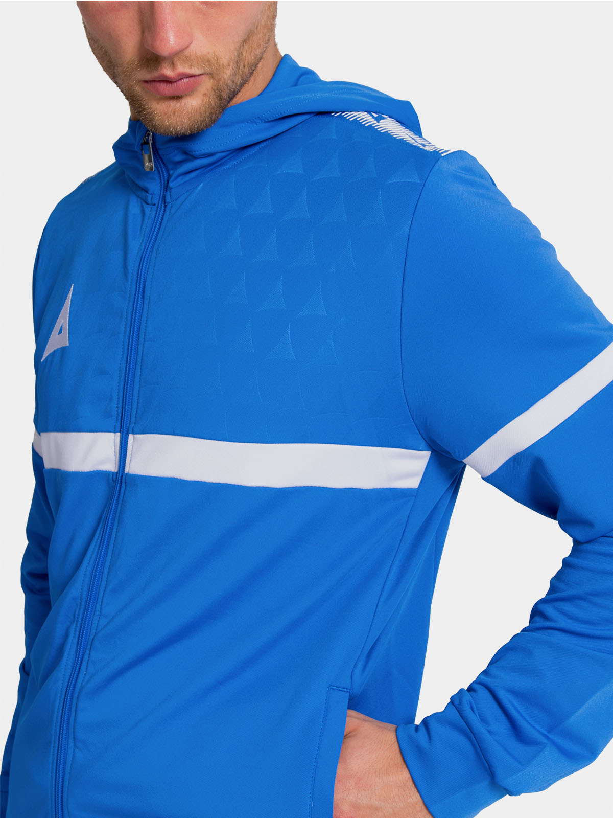 	macro view of the royal blue hoody, designed to maintain heat while providing a breathable shield from the wind.