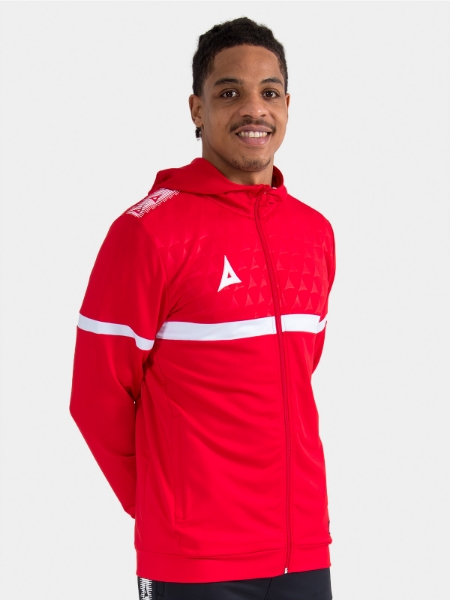 	Model wearing the Red Evolve Pro FZ Poly Hoodie, demonstrating the high-stretch fit and brushed thermal interior.
