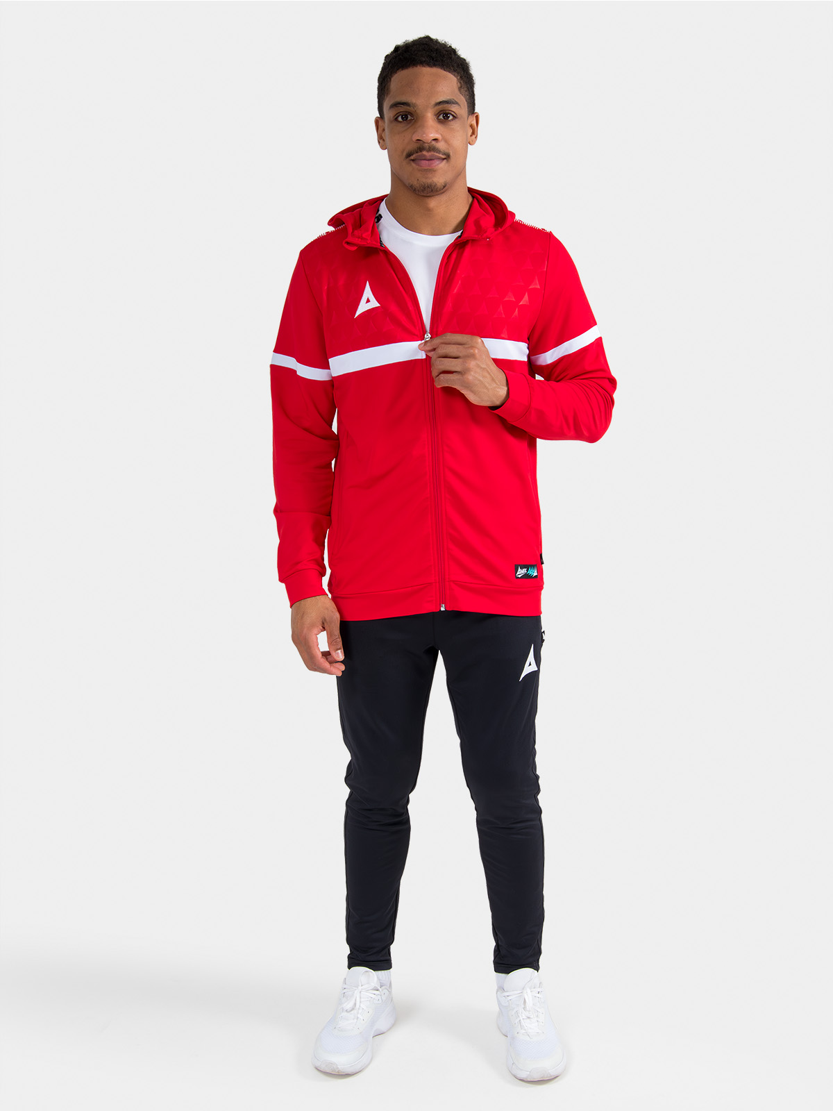 	complete red travel and training kit on-model, showcasing the elite-level evolve pro layering system