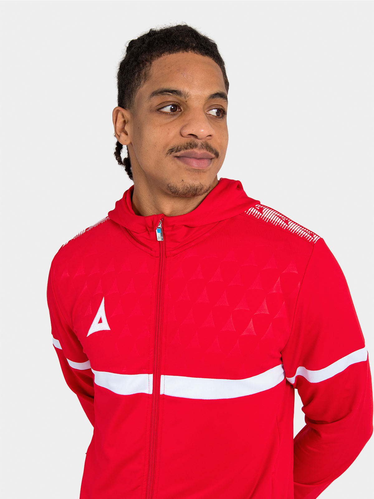 	red evolve pro hoody fully zipped, emphasizing the bold club colourway and prestigious shoulder taping