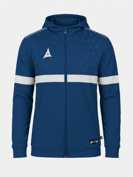 Front-facing shot of the Navy Evolve Pro FZ Poly Hoodie, showcasing the thermal brushed microfibre interior and signature shoulder 'A' taping.