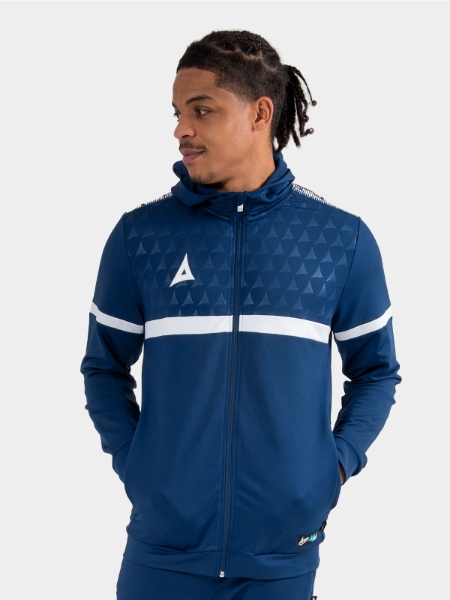 	Athlete in the Navy Evolve Pro FZ Poly Hoodie, illustrating the lightweight thermal protection and range of movement.