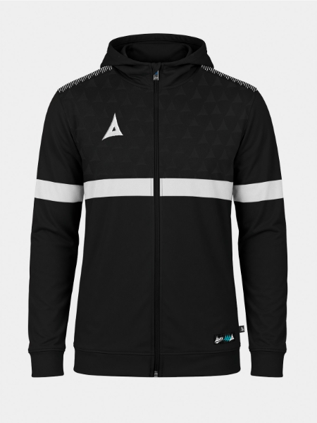 	Front view of the Black Evolve Pro FZ Poly Hoodie, featuring a full-zip front, contrast chest panel with debossed 'A' detailing, and athletic fit.