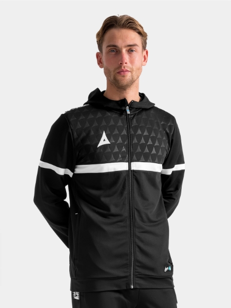 	Athlete wearing the Black Evolve Pro FZ Poly Hoodie, demonstrating the streamlined athletic fit and high-stretch performance fabric.