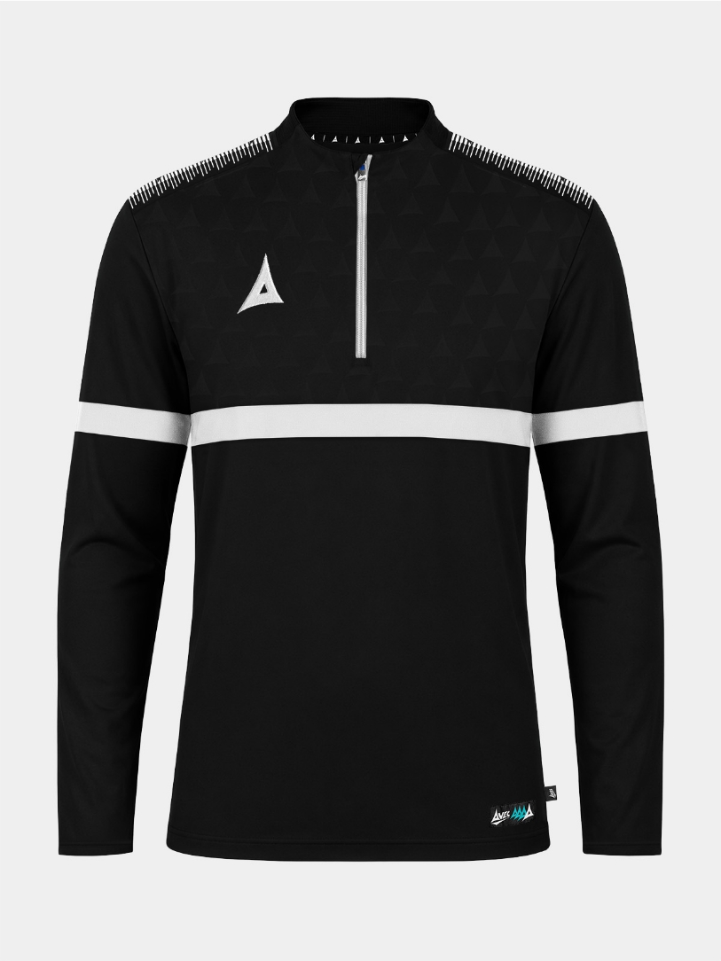 	Front view of the Black Evolve Pro Overlay featuring a 1/4 zip, debossed Heritage chest panel, and integrated mesh side panels for ventilation.