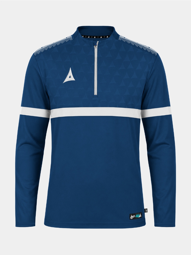 	Front view of the Navy Evolve Pro Overlay, featuring the technical 1/4 zip entry and breathable mesh ventilation panels.