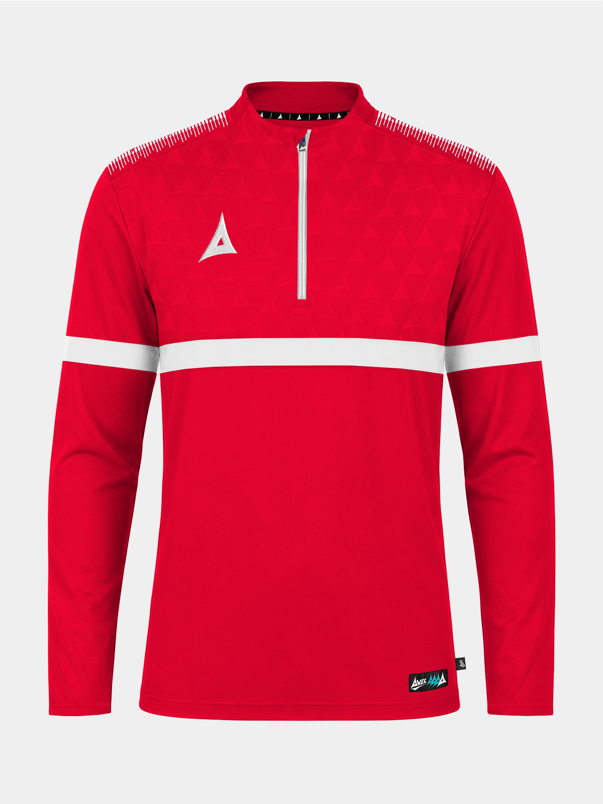 	front perspective of the red evolve pro overlay, featuring the signature 1/4 zip, mesh ventilation, and debossed chest detail.
