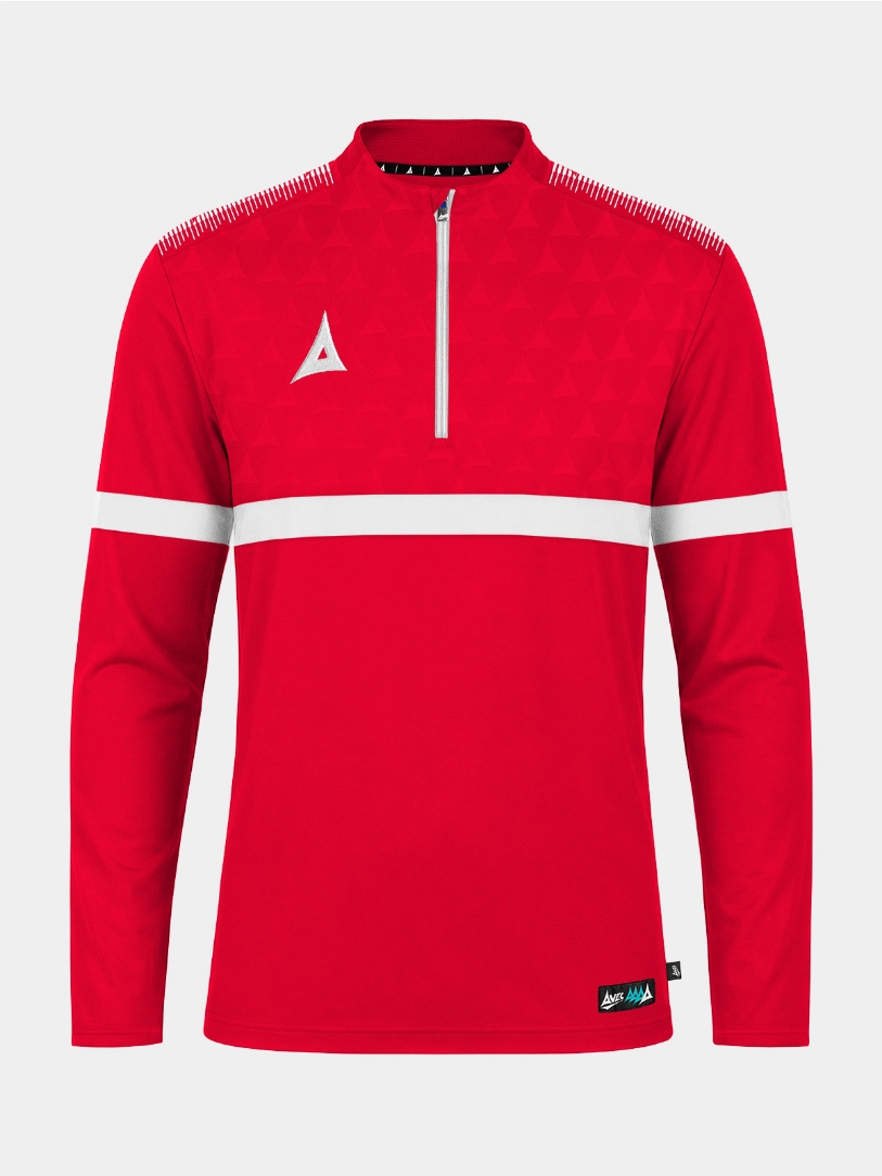 	Front perspective of the Red Evolve Pro Overlay, featuring the signature 1/4 zip, mesh ventilation, and debossed chest detail.