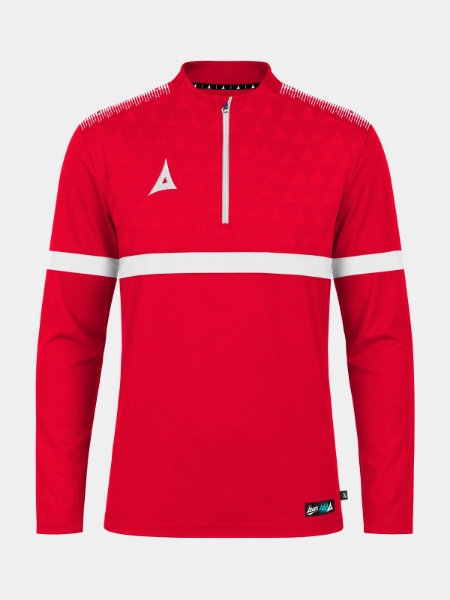 	Front perspective of the Red Evolve Pro Overlay, featuring the signature 1/4 zip, mesh ventilation, and debossed chest detail.