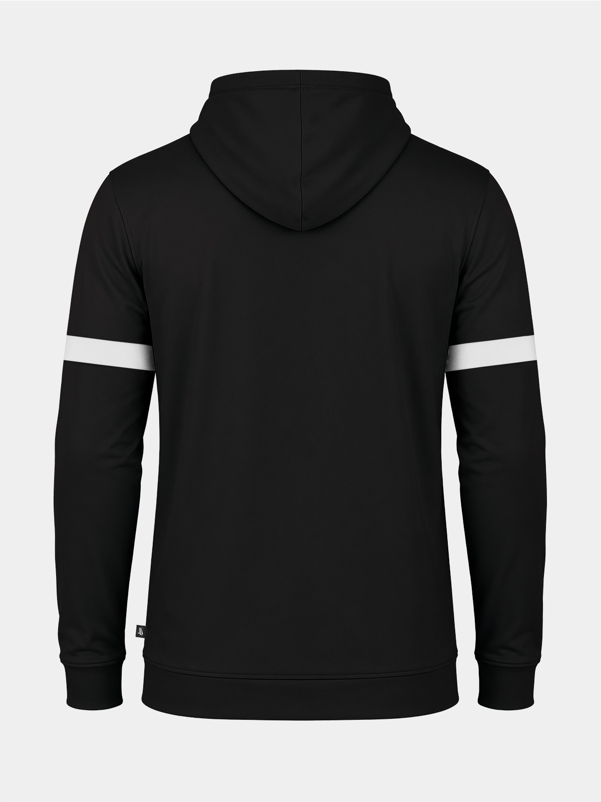rear perspective of the black full-zip hoody, showcasing the streamlined silhouette and 88% polyester 12% elastane performance fabric.
