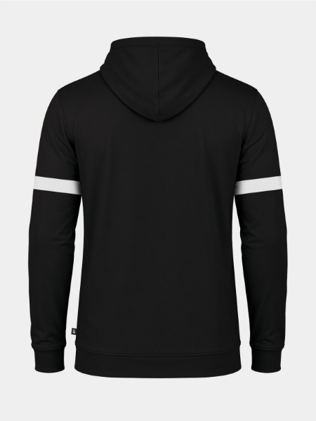 Rear perspective of the Black full-zip hoody, showcasing the streamlined silhouette and 88% Polyester 12% Elastane performance fabric.