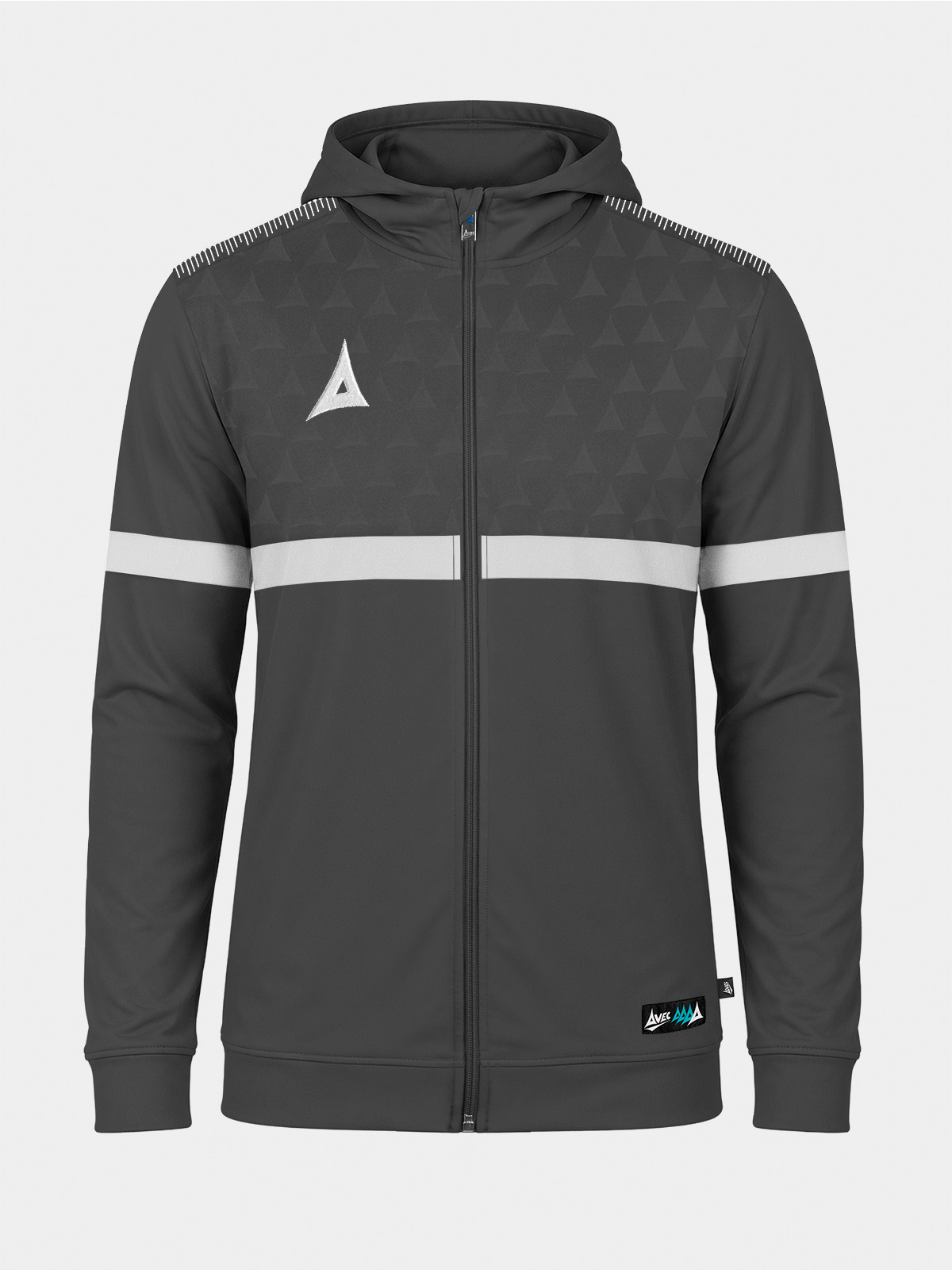 	front view of the anthracite dark grey evolve pro fz poly hoodie, highlighting the technical debossed chest graphic and secure zip pockets.