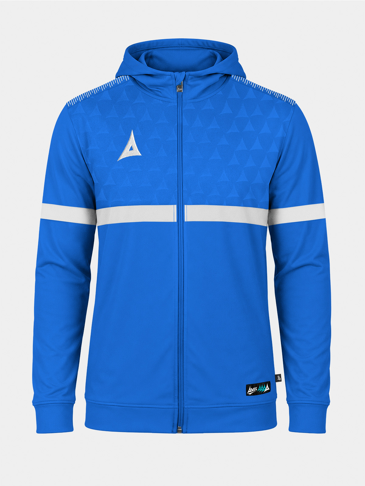 	front view of the royal blue evolve pro fz poly hoodie, featuring the contrast debossed heritage 'a' detail and comfortable hood construction.