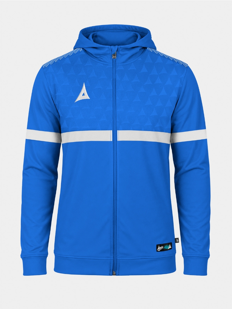 	Front view of the Royal Blue Evolve Pro FZ Poly Hoodie, featuring the contrast debossed Heritage 'A' detail and comfortable hood construction.