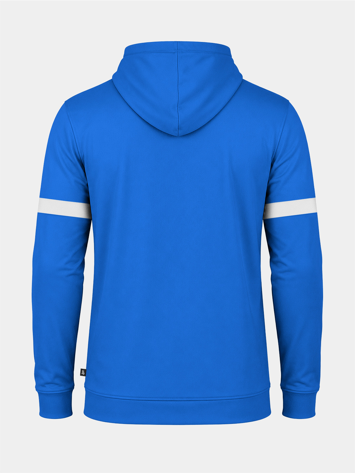back perspective of the royal blue hoody, illustrating the flexible polyester-elastane blend and elite club aesthetic.