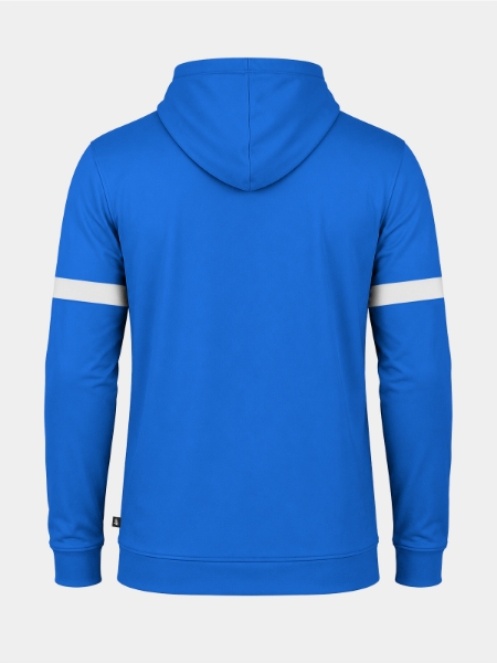 Back perspective of the Royal Blue hoody, illustrating the flexible Polyester-Elastane blend and elite club aesthetic.