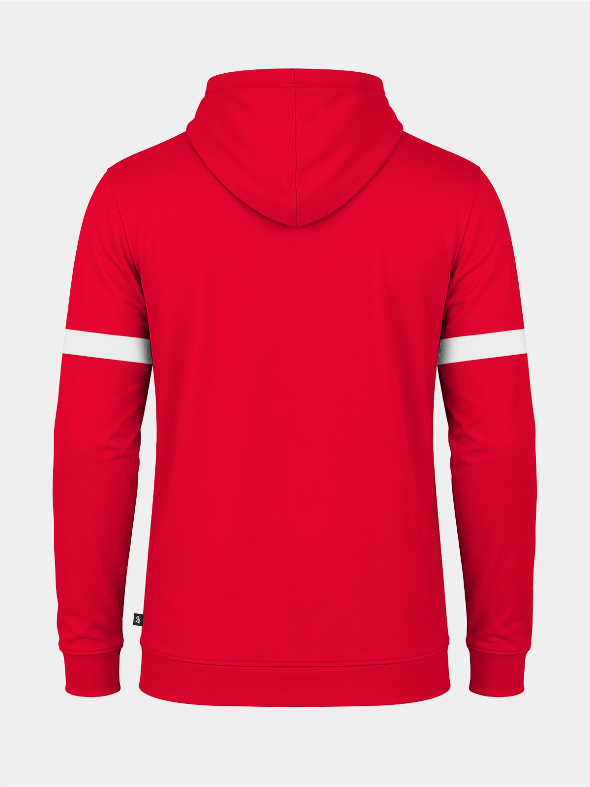 	rear view of the red athletic hoody, highlighting the durable construction and signature contrast branding on the shoulders.