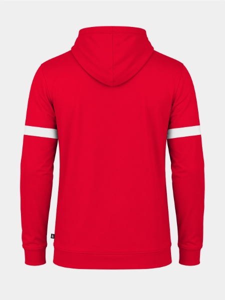 	Rear view of the Red athletic hoody, highlighting the durable construction and signature contrast branding on the shoulders.