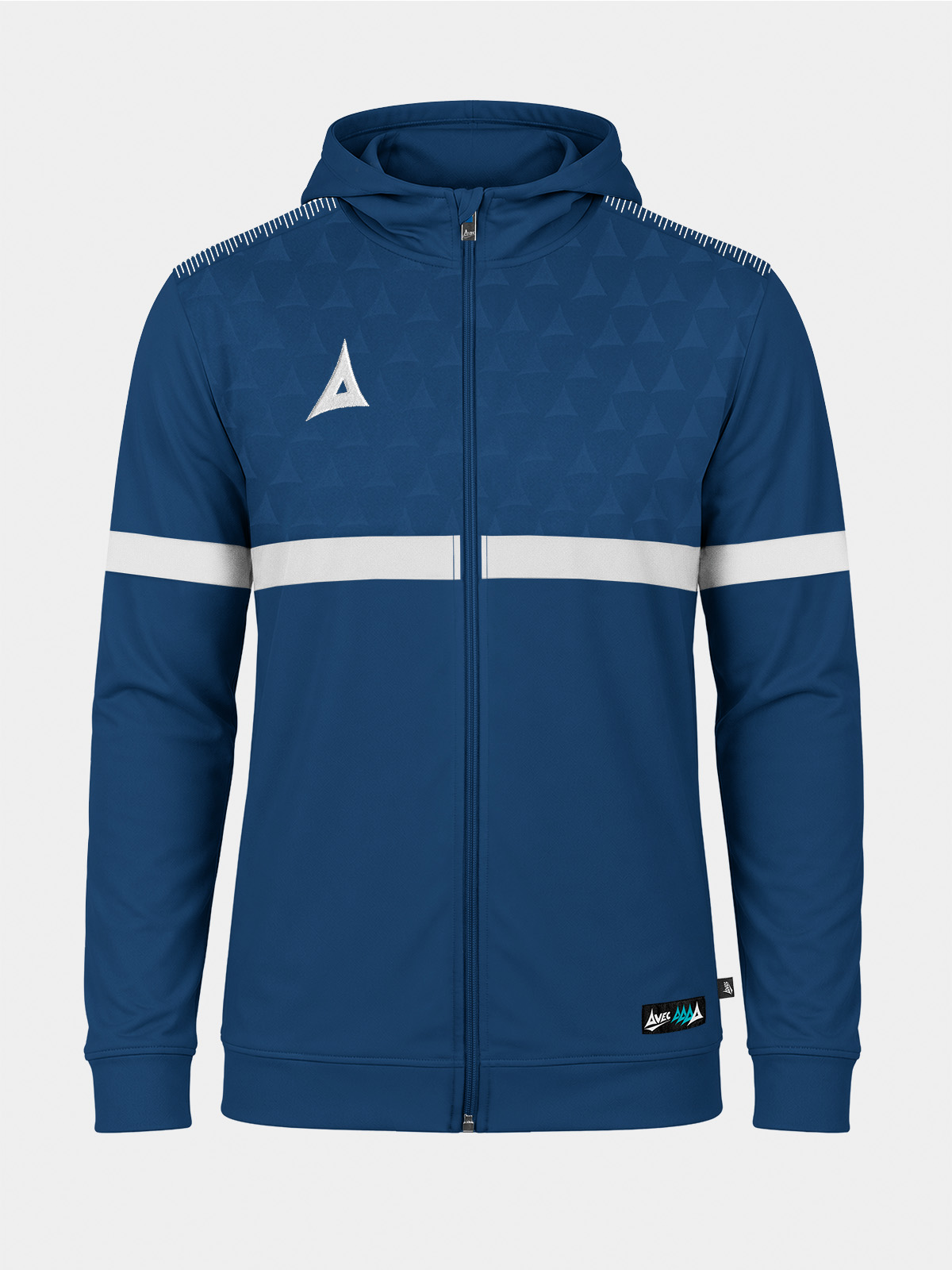 	front-facing shot of the navy evolve pro fz poly hoodie, showcasing the thermal brushed microfibre interior and signature shoulder 'a' taping.