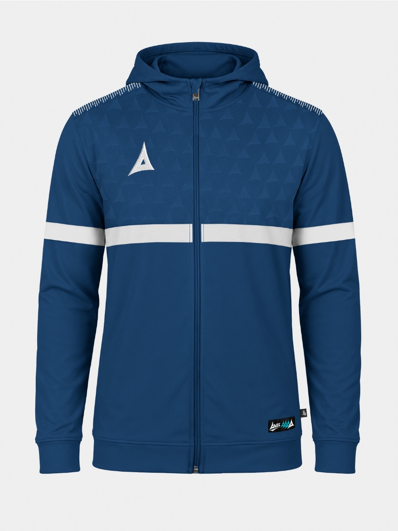 	Front-facing shot of the Navy Evolve Pro FZ Poly Hoodie, showcasing the thermal brushed microfibre interior and signature shoulder 'A' taping.