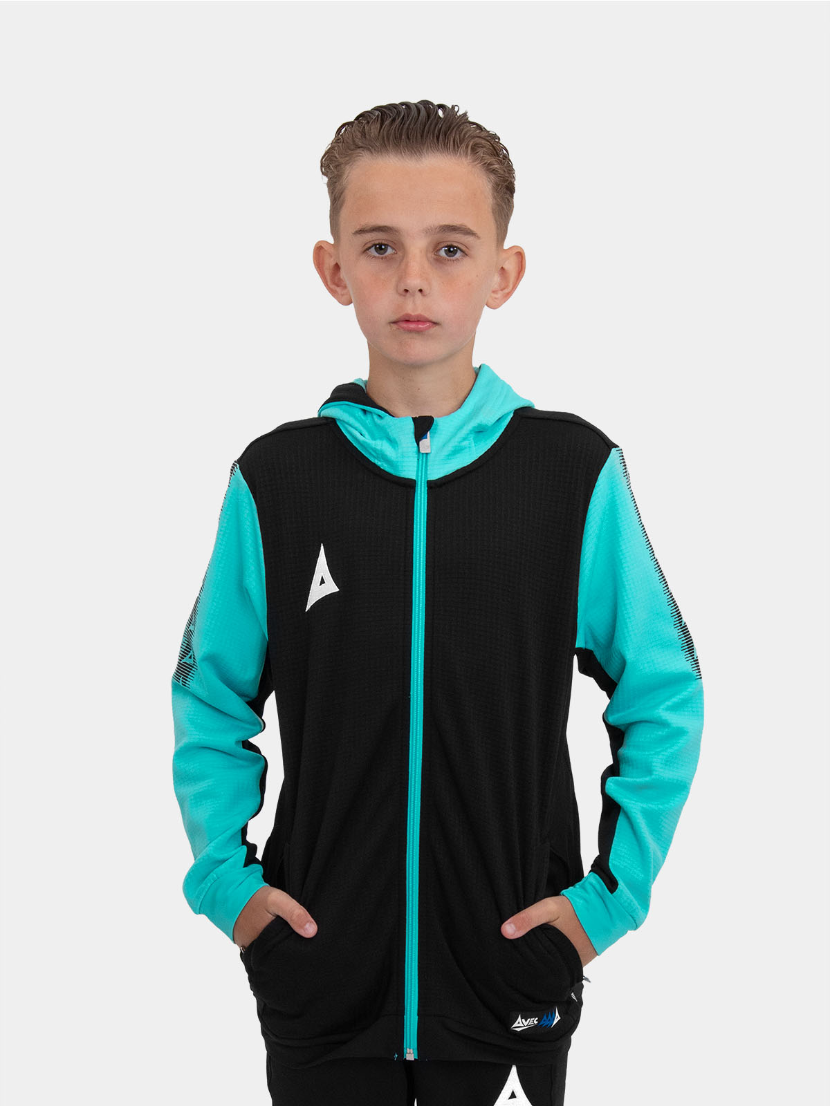 	a kids black hoody with pale blue sleeves and hood is being worn by a child.