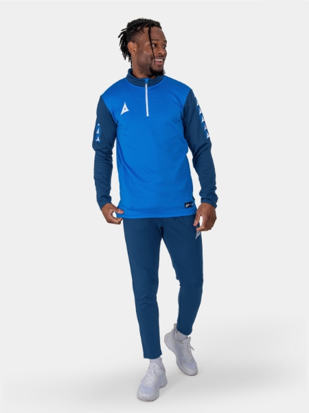 	This comfortable jumper in two blues is also designed for style.
