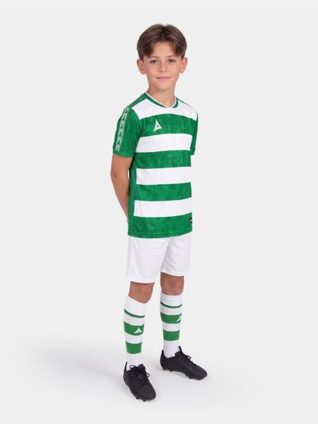 	Full kit look featuring the Green and White Pro Intent Hoop Jersey on-model for a professional club aesthetic.