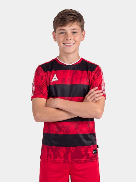	Portrait view of a model wearing the Red and Black Pro Intent Jersey, showcasing the high quality athletic kit.