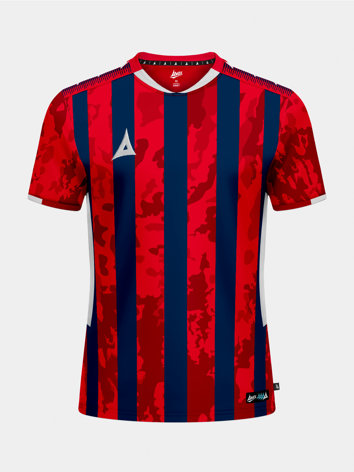 front view of the red and navy pro intent stripe jersey with white trim, a classic match kit for grassroots football clubs.