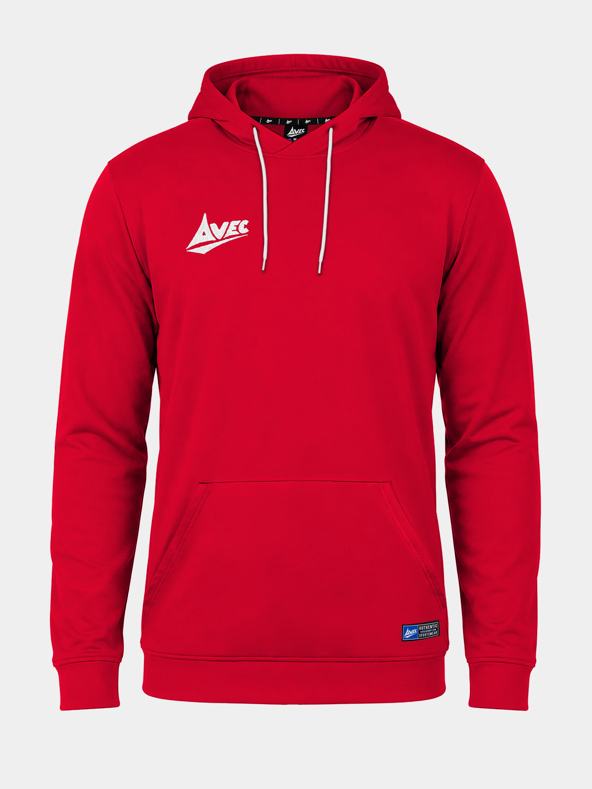 red focus oth tech hoodie front view showing over-the-head design and kangaroo pouch pocket