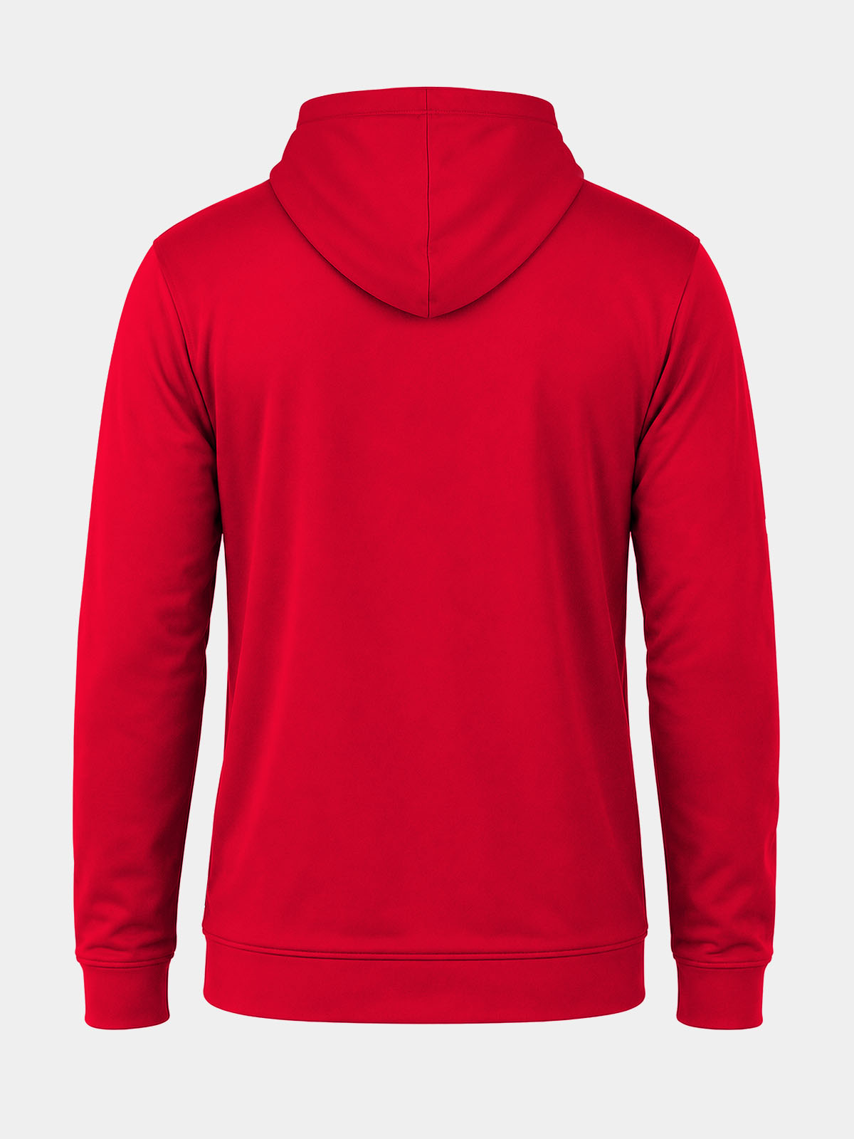 focus oth tech hoodie red rear view showing drawstring hood and standard relaxed fit