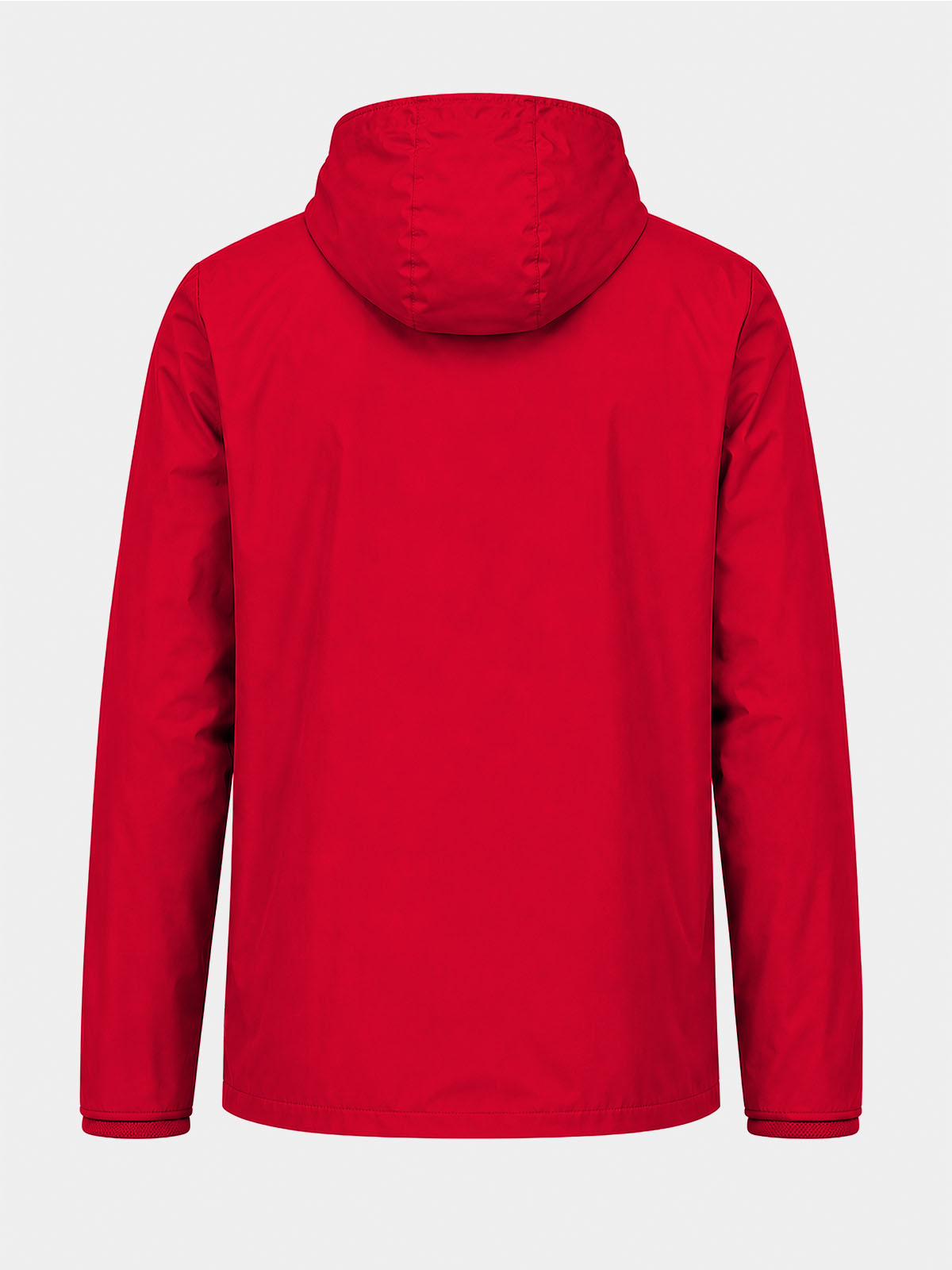 	rear view of the red focus 2 football jacket, featuring durable weather-shielding interlock fabric.