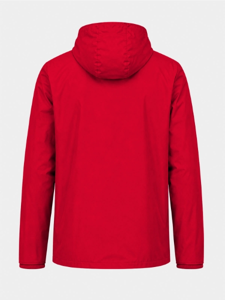 	Rear view of the Red Focus 2 football jacket, featuring durable weather-shielding interlock fabric.