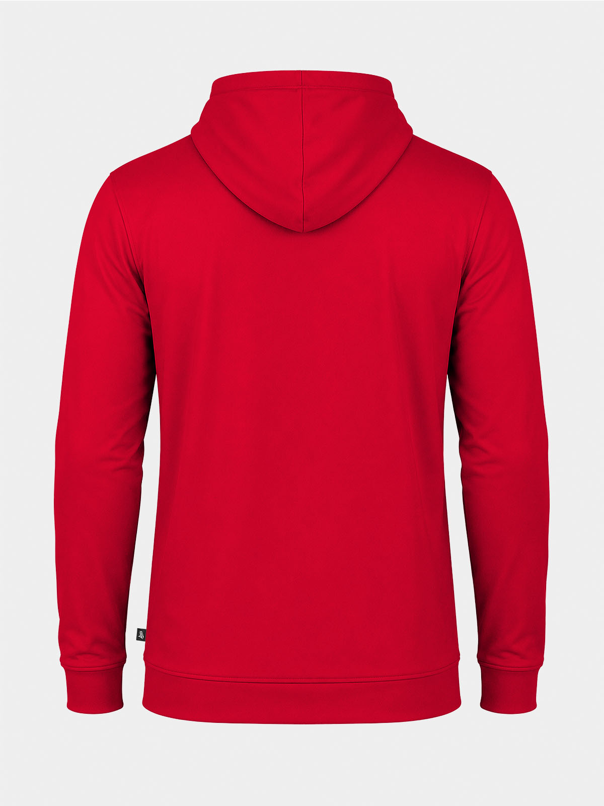 	rear view of the red focus 2 essentials hoody, showcasing the durable and flexible performance material.