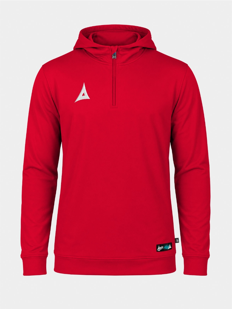 	Front-facing shot of the Red Focus 2 QZ Hoody, featuring a high-impact colourway and functional 1/4 zip.
