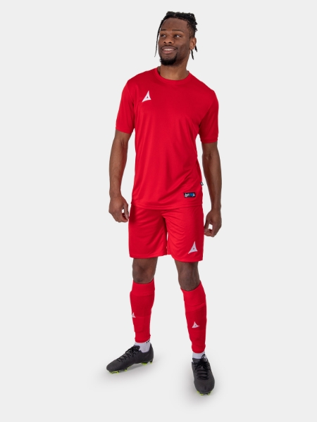 To illustrate our red football shirts a man is wearing a full red football kit