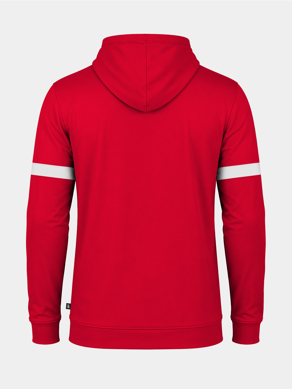 	rear view of the red athletic hoody, highlighting the durable construction and signature contrast branding on the shoulders.