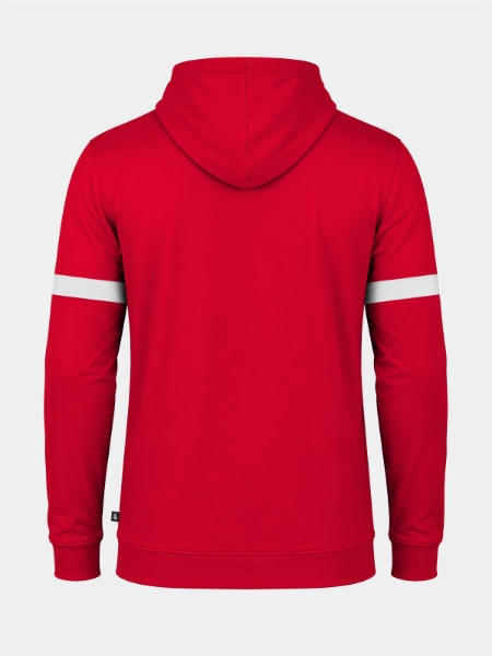 	Rear view of the Red athletic hoody, highlighting the durable construction and signature contrast branding on the shoulders.