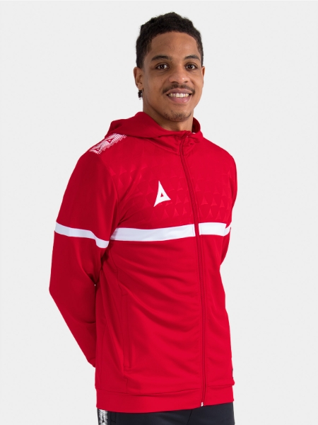 	Model wearing the Red Evolve Pro FZ Poly Hoodie, demonstrating the high-stretch fit and brushed thermal interior.