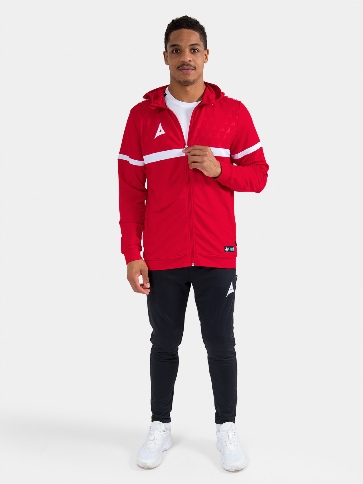 	complete red travel and training kit on-model, showcasing the elite-level evolve pro layering system
