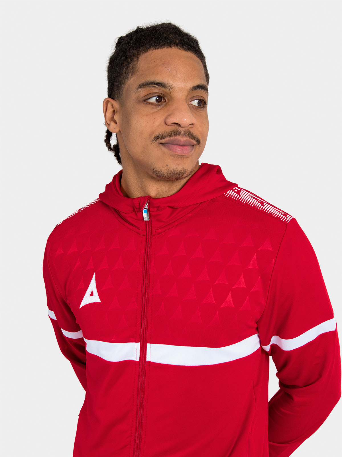 red evolve pro hoody fully zipped, emphasizing the bold club colourway and prestigious shoulder taping	