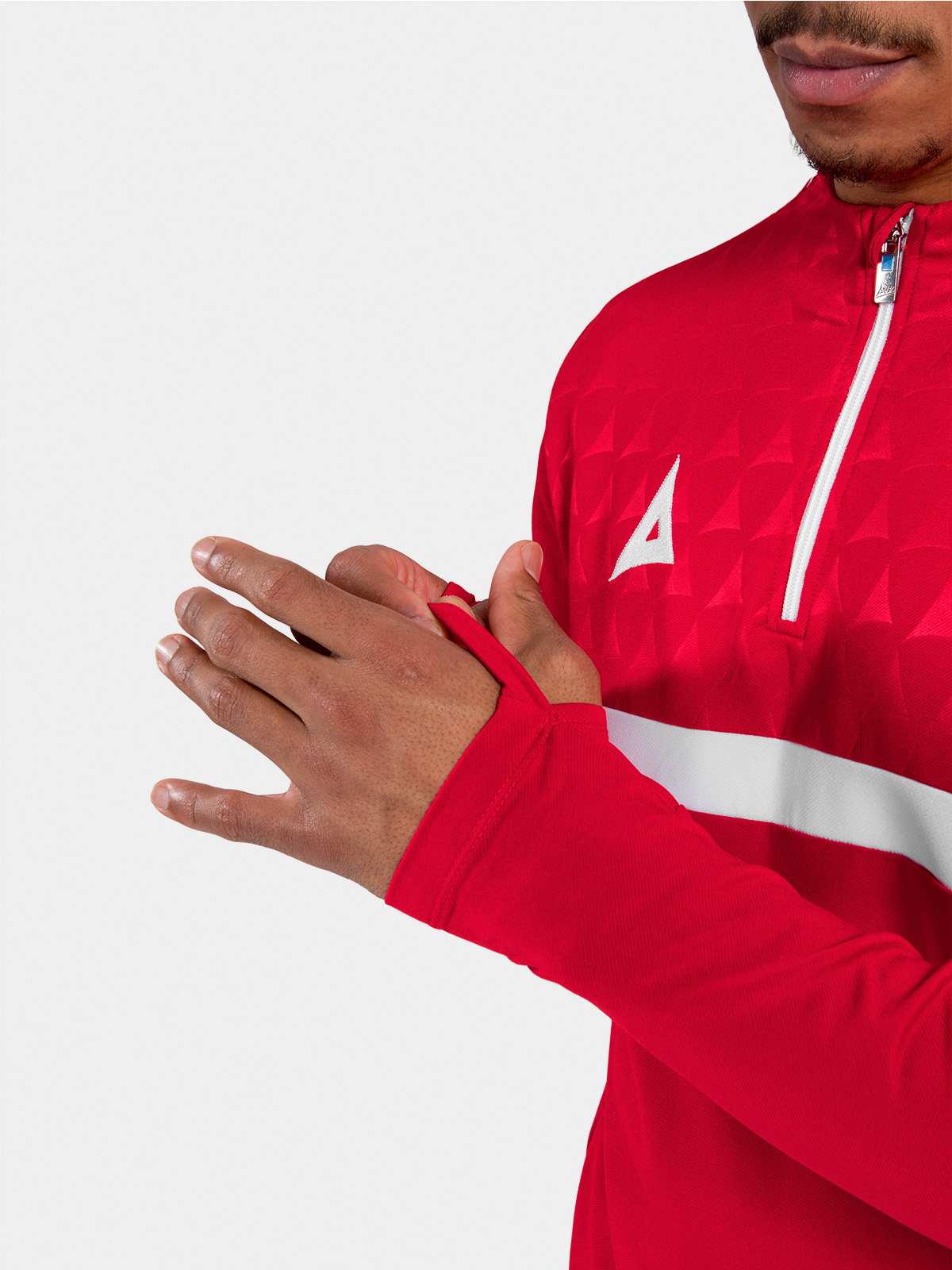	detailed view of the red sleeve cuff featuring the integrated thumb-loop for enhanced hand coverage and fit.