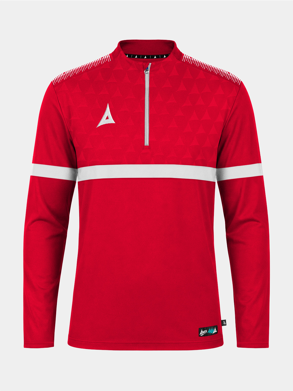 	front perspective of the red evolve pro overlay, featuring the signature 1/4 zip, mesh ventilation, and debossed chest detail.