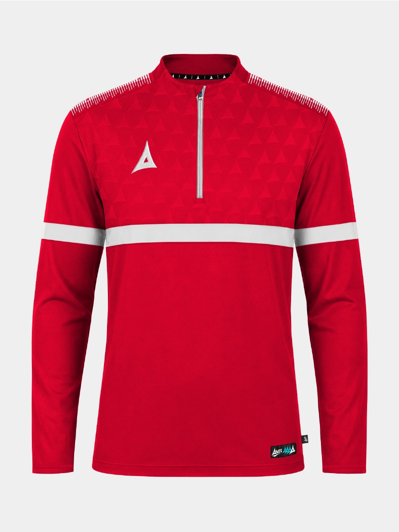 	Front perspective of the Red Evolve Pro Overlay, featuring the signature 1/4 zip, mesh ventilation, and debossed chest detail.