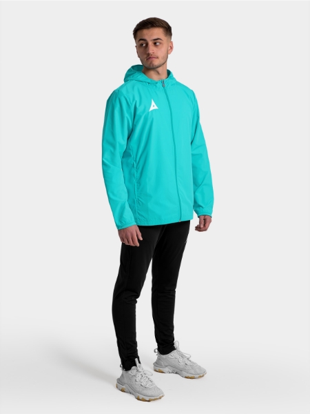 	Full-body shot of the Hyper Blue Focus 2 jacket, showing the streamlined silhouette for modern grassroots teams.