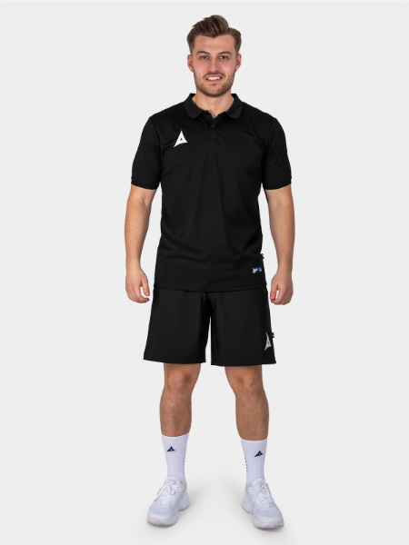 	A Male Model is stood wearing the Avec Focus 2 Black Tech Polo, Plain Black top and the Avec Focus 2 Black Tech Short