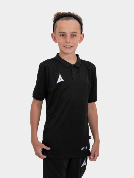 	A Male Model is stood wearing the Avec Focus 2 Black Tech Polo, Plain Black top and the Avec Focus 2 Black Tech Short	